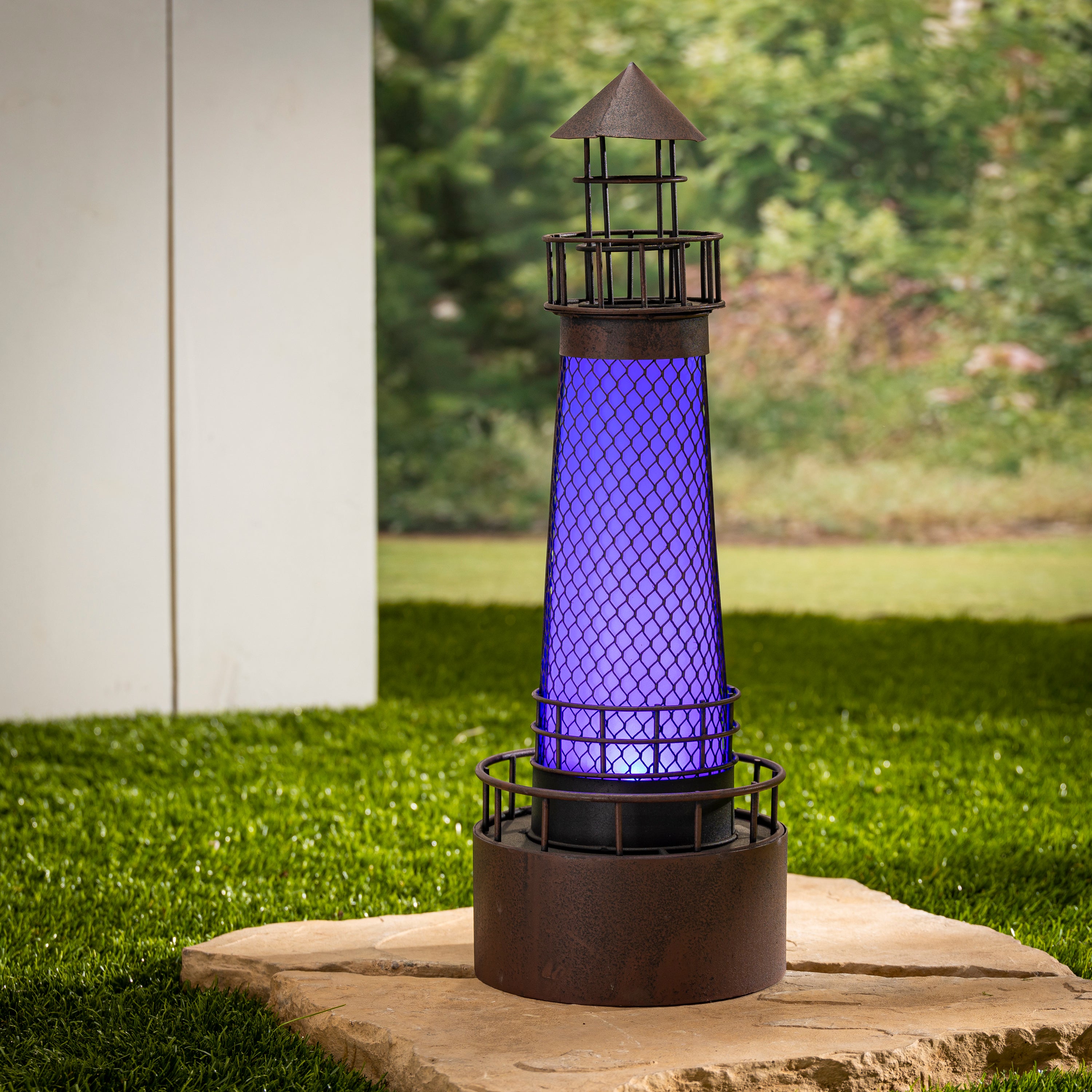 21 Inch Garden Blue Solar LED Metal Lighthouse